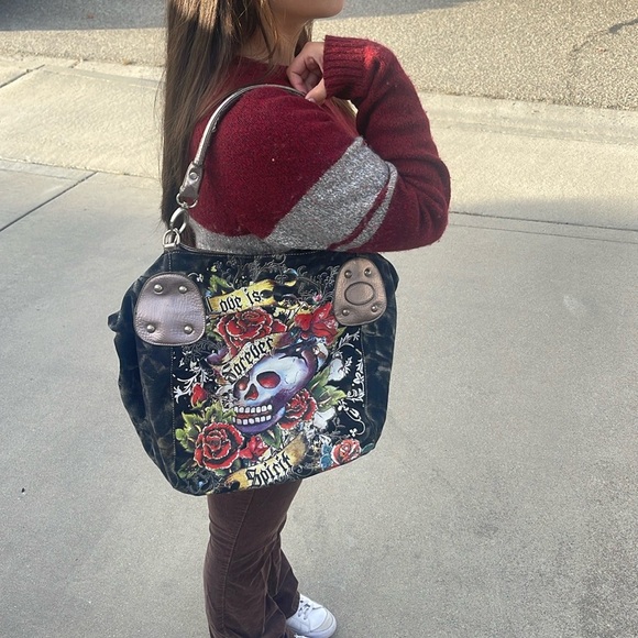 Ed Hardy Black Skull and Rose Women's Bag